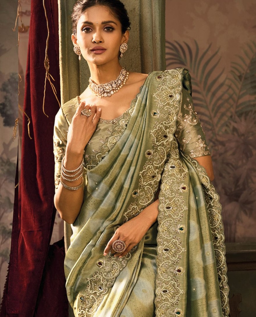 GREEN - Olive Green Designer Embroidered Silk Saree with Heavy Border